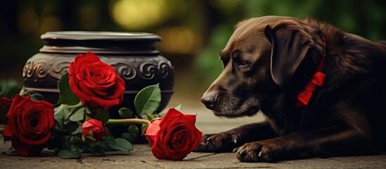Eternal Love: Red Rose Commemorates Beloved Pet Laid to Rest Beside Memorial Urn with Dog Ashes