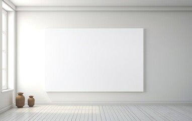 Minimalistic style art studio space mockup. Huge white framed blank art canvas on large wall in minimal room. Soft day light. Gallery, exhibition, exposure. AI Generative.