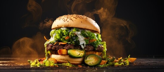Charred Hamburger with Crispy Burn Marks Served with Airy Fried Brussels Sprouts - obrazy, fototapety, plakaty