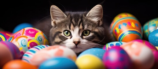 Curious Cat Peeking out from a Colorful Pile of Easter Eggs in a Playful Scene