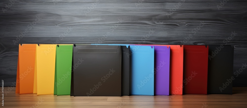 Poster Vibrant Array of Colorful Books Arranged Neatly on a Rustic Wooden Table