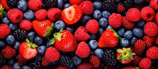 Vibrant Mix of Fresh Berries and Strawberries in a Colorful Summer Panorama
