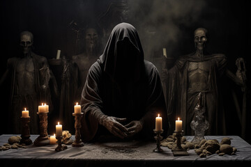 Hooded person engages in an ominous ritual surrounded by lit candles and skeletons - obrazy, fototapety, plakaty