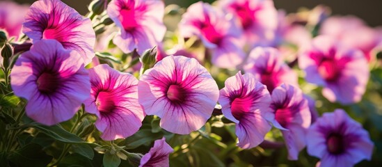 Ethereal Beauty of Sunlit Pink Petunias Blooming in a Lush Garden