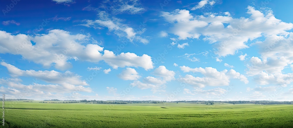 Poster Tranquil Field of Emerald Green Grass Under Clear Blue Sky, Wide Angle Landscape View