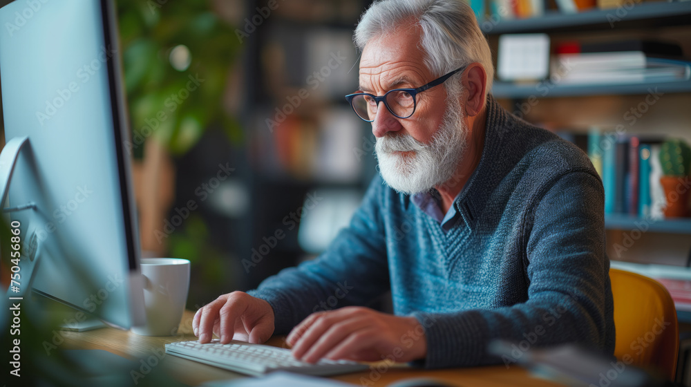 Poster an older man is sitting at a desk with a computer monitor in front of him. he is wearing glasses and