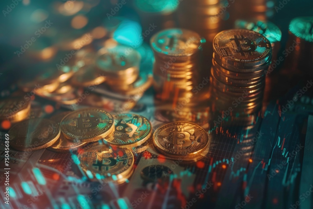 Poster A pile of coins on top of a computer motherboard. Suitable for finance and technology concepts