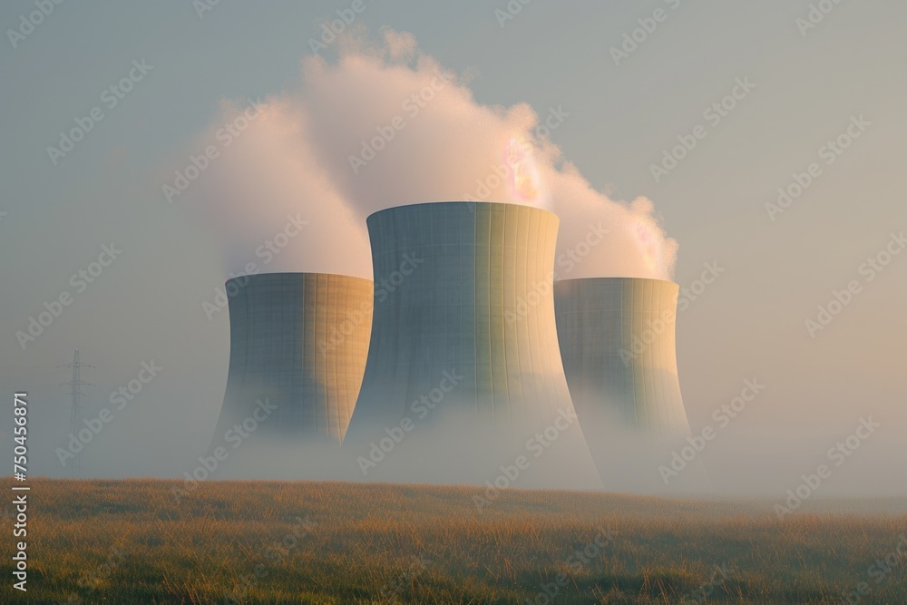 Wall mural image of two industrial cooling towers emitting smoke. suitable for illustrating environmental issue