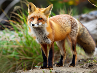 A solitary red fox stands in the grass, its gaze fixed on something in the distance.