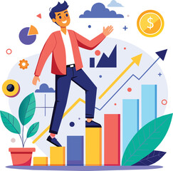 Profitable investment, funding flat vector illustration. Stock market income. Successful businessman with increasing growth chart 