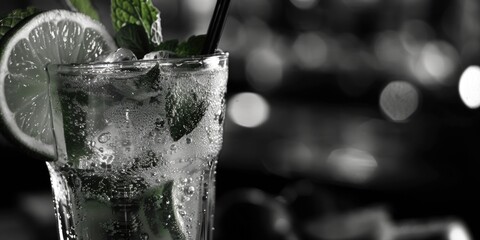 Refreshing glass of water with ice and mint, perfect for summer drink ads