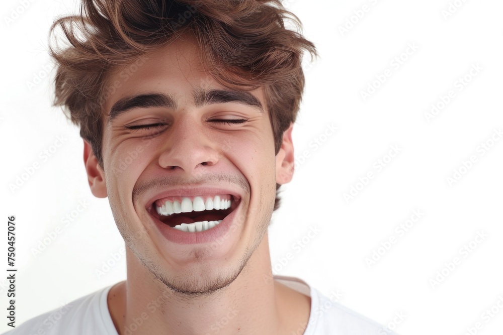Aufkleber A young man is captured laughing with his eyes closed. Suitable for various concepts and projects