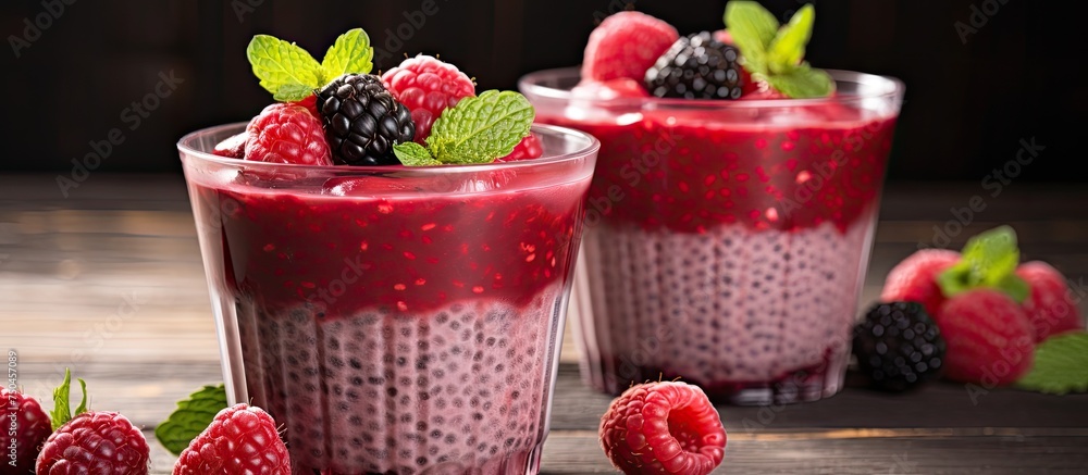 Poster Vibrant Glass of Mixed Berries and Raspberry Chia Pudding on a Rustic Table Setting