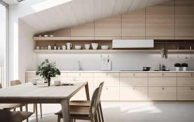 Modern kitchen, interior design, minimalistic scandinavian look. Natural wooden and white materials. Minimalistic sunny photo. AI Generative