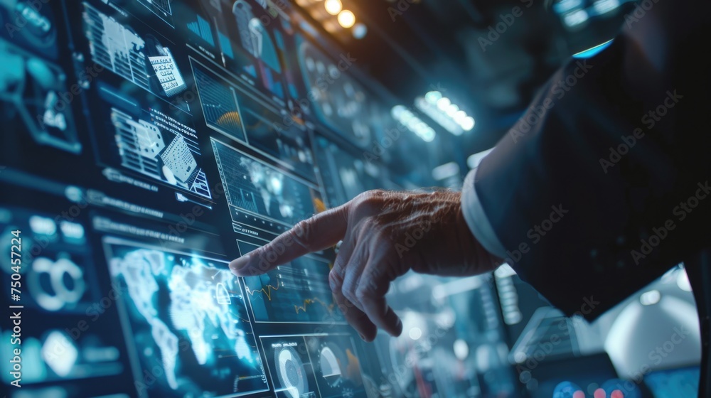 Poster businessman in suit interacting with digital screen, suitable for technology concepts