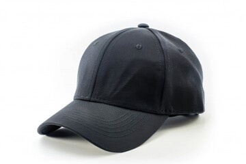 A black baseball cap on a white background. Perfect for sports-themed designs or promotional materials