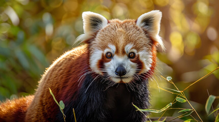 Fototapeta premium A curious red panda peeks through bamboo leaves, its eyes full of wonder.
