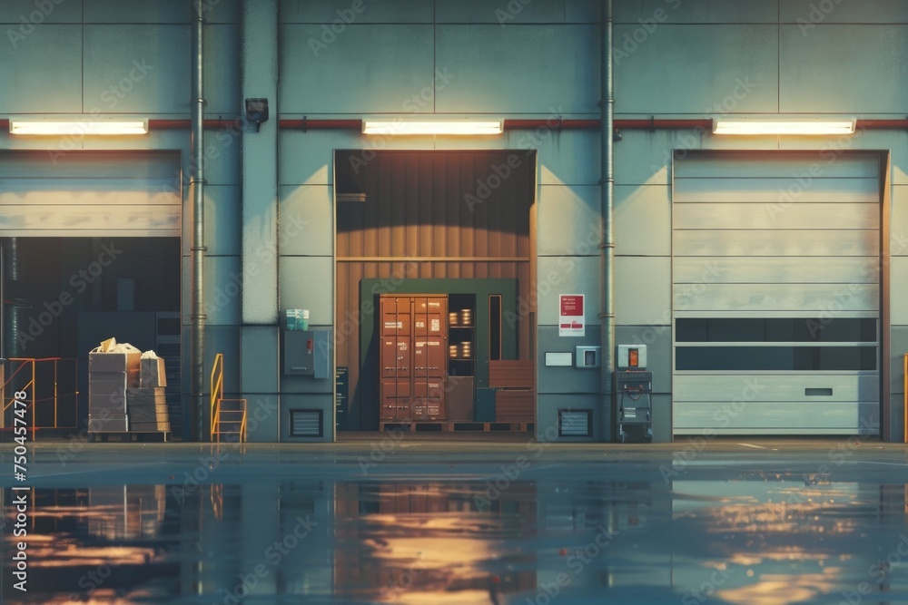 Poster a building with a pool in front of it, perfect for real estate or travel concepts