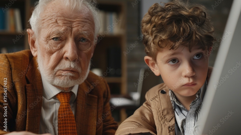 Aufkleber older man and young boy looking at a computer screen. suitable for technology concepts