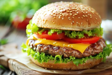 A delicious hamburger with fresh lettuce, tomato, and cheese on a bun. Perfect for food and...