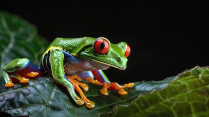 Fototapeta premium A red eyed frog sitting on top of a leaf. Suitable for nature and wildlife themes