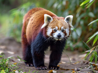 Obraz premium A red panda on a leisurely stroll, its rich red fur contrasting with the green grass.