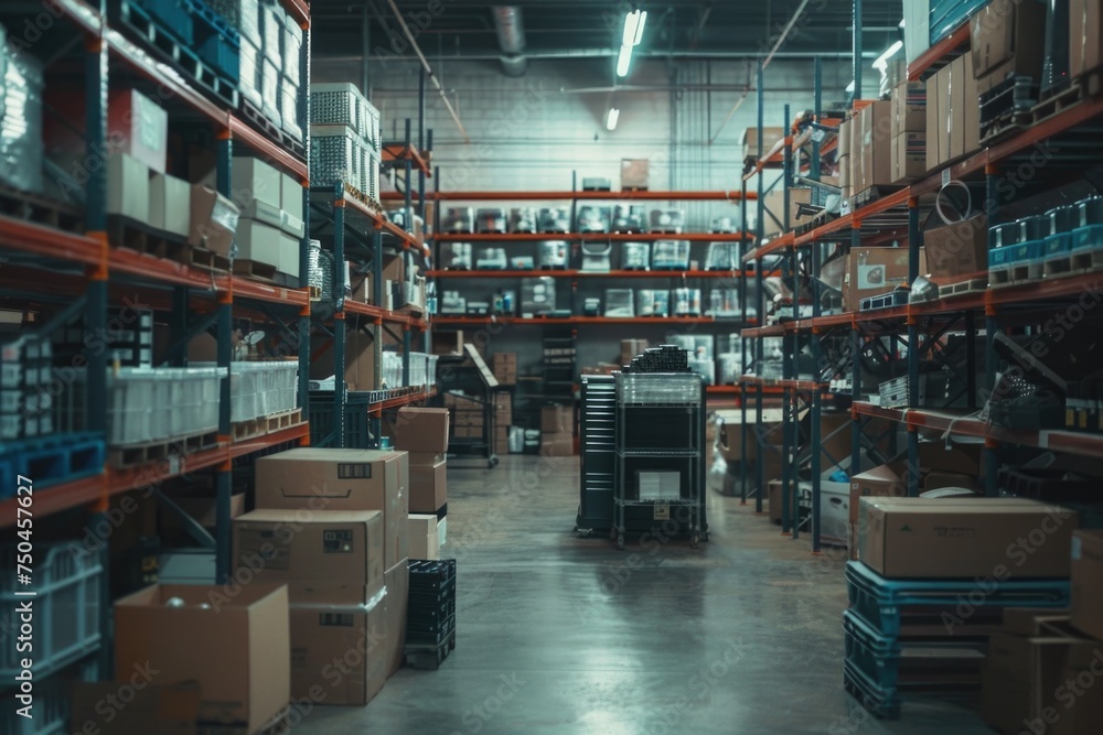 Poster a large warehouse filled with lots of boxes. ideal for logistics and storage concepts