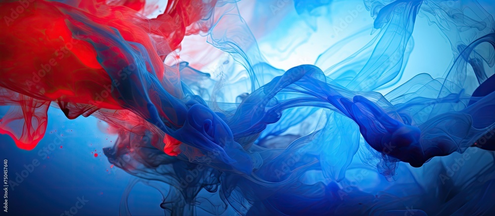 Poster mesmerizing color mix of blue and red ink with a touch of green, abstract artistic background