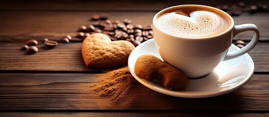 Warm Coffee Cup and Heart-shaped Cookies Arranged on a Wooden Table for a Cozy Afternoon Break