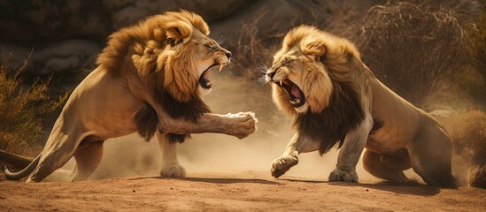 Intense Battle: Dominant Lions Dueling for the Right to Mate with Female in the Savanna - 750457631