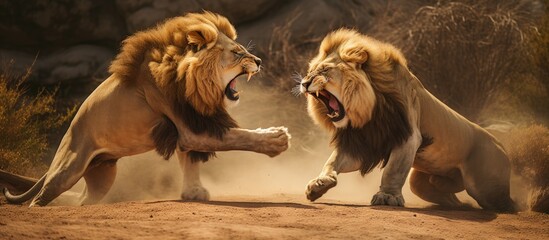 Intense Battle: Dominant Lions Dueling for the Right to Mate with Female in the Savanna - obrazy, fototapety, plakaty