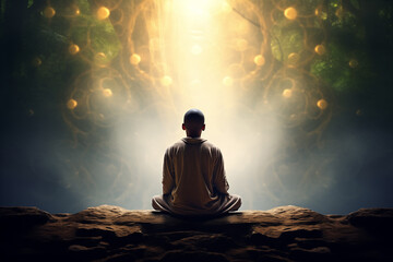 Person meditates on a rock with ethereal light filtering through the trees