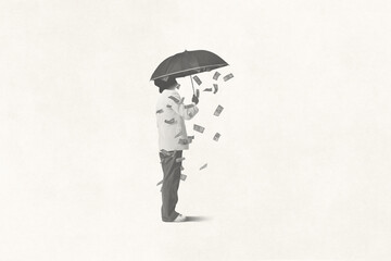 illustration of banknotes falling from inside an umbrella, financial insurance surreal concept - 750457659