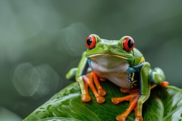 A red eyed frog sitting on top of a leaf. Perfect for nature and wildlife enthusiasts  - obrazy, fototapety, plakaty
