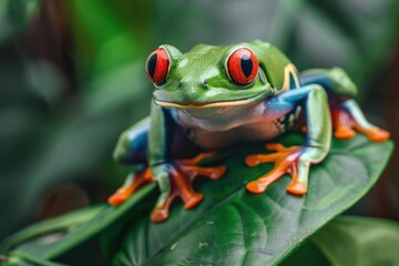 Fototapeta premium A red eyed frog sitting on top of a leaf. Perfect for nature and wildlife enthusiasts 