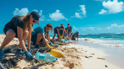 Dedicated volunteers cleaning a sandy beach to remove plastic waste and preserve marine life - obrazy, fototapety, plakaty