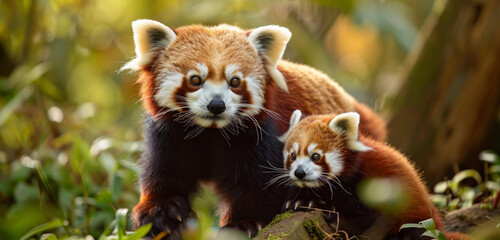Fototapeta premium A red panda and its cub share a tender moment, surrounded by the soft hues of their forest home.