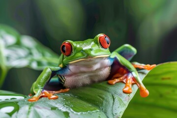 A red eyed frog sitting on top of a leaf. Perfect for nature and wildlife enthusiasts 
