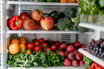 A refrigerator filled with an abundance of fresh fruits and vegetables. Ideal for promoting a healthy lifestyle 