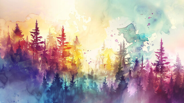 Watercolor abstract landscape with pine trees. Waterco