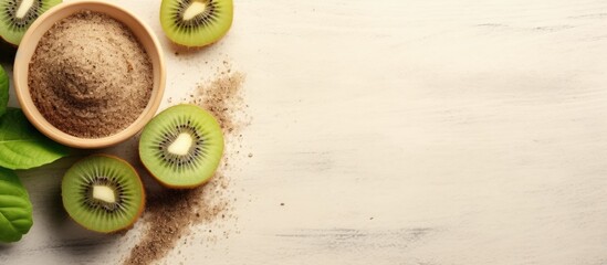 A Bowl of Kiwi Scrub in Cosmetic Concept - Top View with Space for Text