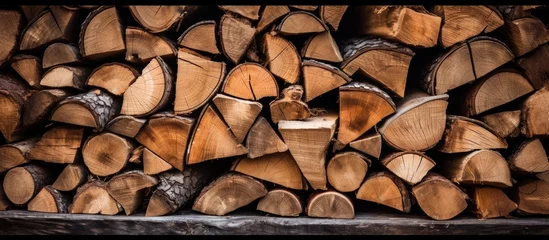 Rolgordijnen Rustic Firewood Stack Background Texture with Natural Wooden Logs © HN Works