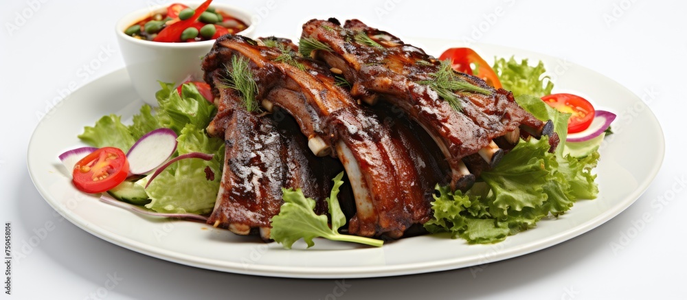 Poster sizzling grilled ribs and fresh salad displayed on a crisp white table setting