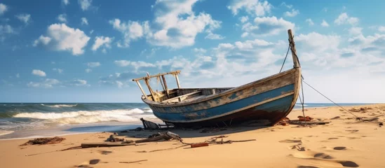 Foto op Canvas Weathered Fishing Boat Abandoned on Sandy Shore with Seagulls Flying Overhead © HN Works