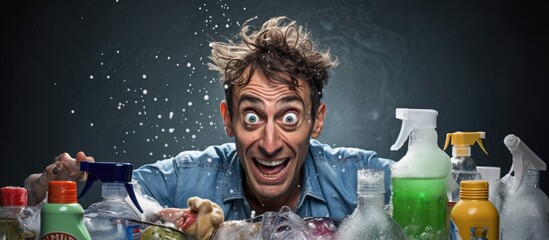 Man With Wild Frizzy Hair Shocked While Using Facial Cleanser - obrazy, fototapety, plakaty