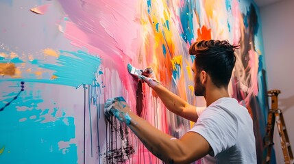 Man Creating Colorful Mural in Art Studio