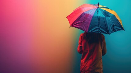Person with a colorful umbrella standing in front of a wall. Suitable for weather or fashion concepts