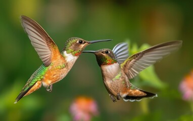 A Pair of Hummingbirds Sipping Nectar Together from Colorful Blossoms