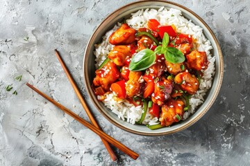 Asian sweet and sour sticky chicken with vegetables stir-fry and rice in ceramic bowl with chopsticks top view on gray rustic stone background, traditional Asian dish. Space for text 