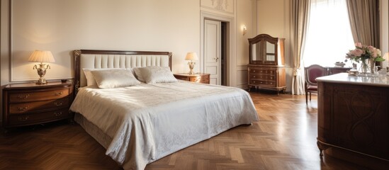 Serene Bedroom with Crisp White Bedding and Matching Furniture Elegantly Styled